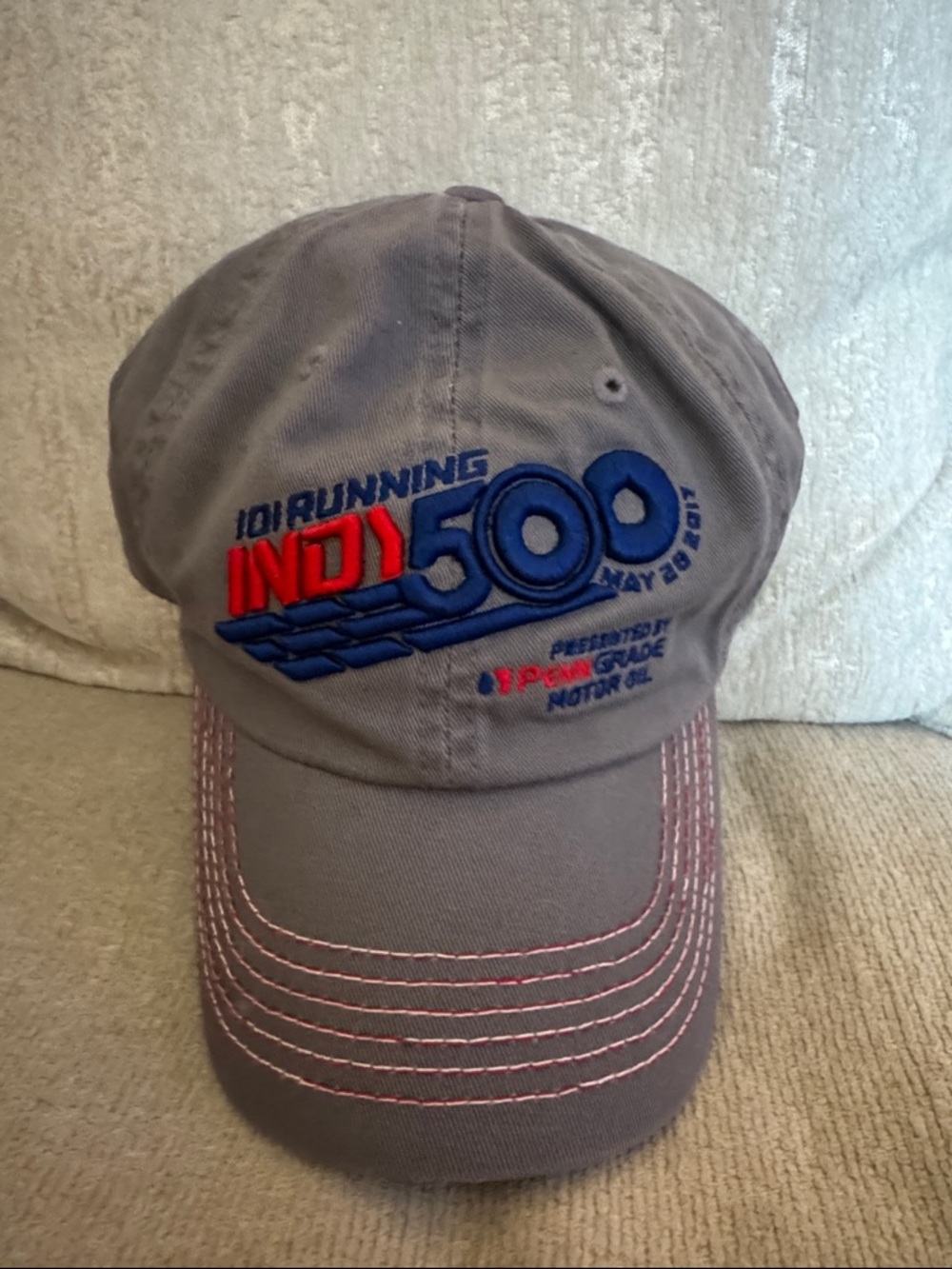 INDY 500 Embroidered Baseball Cap - Gray with Red & Blue Logo